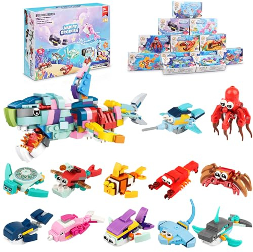 Dawumin Mitgebsel Kindergeburtstag Gastgeschenke, 12 Pack Mini Bausteine Meereslebewesen, 12 in 1 Party Animals Bausteine Spielzeug, Mitgebsel Kinder Set für 4-12 Jahre Mädchen und Jungen