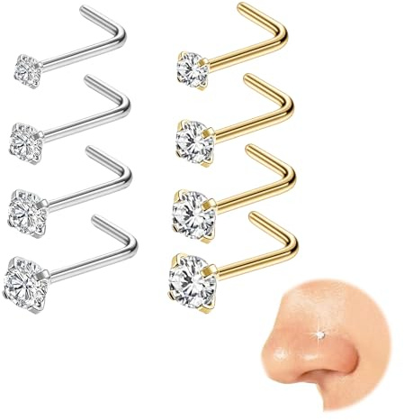 Kabwea 8 pièces 316L piercing nasal en forme de 7, piercing nez, plug piercing nez, plug piercing (1,5 mm, 2 mm, 2,5 mm, 3 mm, argent et or)
