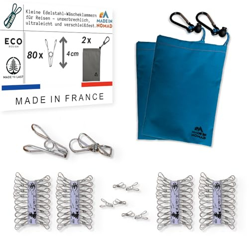 Dry Hard 80 Petites Pinces à Linge INOX avec 2 Panier Pince à Linge et Mousqueton. pour Buanderie, Fil à Linge, séchoir à Linge, Camping Accessoires, Vanlife. Epingle a Linge Solide, Durable, Nomade