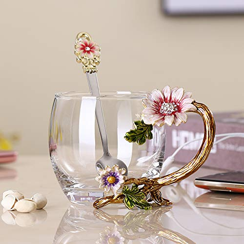 PPEA Tasses à thé en verre émaillé et cristal sans plomb avec cuillère - Cadeau pour Noël, la Saint-Valentin - pour mère, grand-mère, petite amie, sœur.