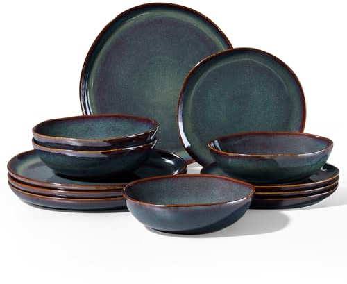 Homikit 12-Piece Dinner Set, Reactive Glaze Stoneware Dinnerware for 4 People, Irregular Shape Plates and Bowls, Non-Toxic & Scratch Resistant, Microwave and Dishwasher Safe - Blackish Green