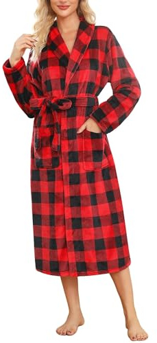 ENJOYNIGHT Womens Dressing Gown Super Soft Fleece Long Robe Warm Fluffy Bathrobe Cosy Shawl Collar Loungewear (Large,Red+Black Plaid)