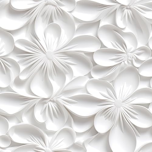 Stickyart Blanc Papier Peint Adhesif Mural Fleuri 3D Effet Vintage 44.5cmx700cm Revêtement Plan De Travail Adhésif Papier Peint Floral Chambre Rouleau Adhesif Decoratif Pour Mur Salon Salle