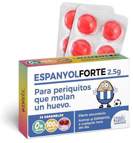 Caramelos de broma ESPANYOLFORTE | Caja con 12 caramelos sin azúcar sabor cereza | Regalo para pericos de verdad | Detalle original para fans del Espanyol que no fallan nunca
