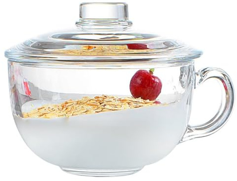 Tasse à petit déjeuner en verre trempé de 600 ml avec couvercle, passe au micro-ondes, bol à céréales à large ouverture pour thé, lait et avoine