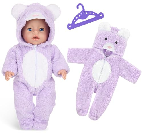 Puppenkleidung für Baby Puppen 35-43 cm, 1 Lila Bär Strampler, 1 Lila Kleiderbügel, Niedliche Tierelemente Puppen Kleiderset für Kinder Mädchen und Jungen