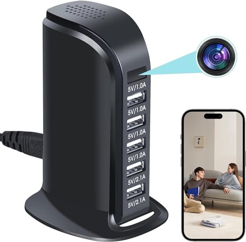 Caméra 4K Réveil Mini DV - HD WiFi USB Hub 5 Ports Chargeur 1080P Enregistreur de Came de sécurité sans Fil avec avec Détection de Mouvement et Vision à Distance