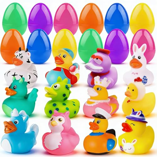 Vinvovojoy 12pcs Easter Rubber Duckies Toys, Novelty Colorful Bunny Duckies Mini Ducks Rubber Bath Duck Toys, Pre Filled Easter Eggs for Easter Egg Hunt, Easter Party Favor, Easter Basket Stuffers