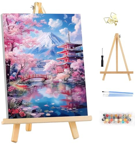 MEIYUDA Pintar por Numeros Adultos con Marco Paisaje japonés, Cuadros por Numeros Pigmento Acrílico, DIY Pintura Kit Manualidades Adultos, Decoración para el Hogar Regalo de pared 25x35cm