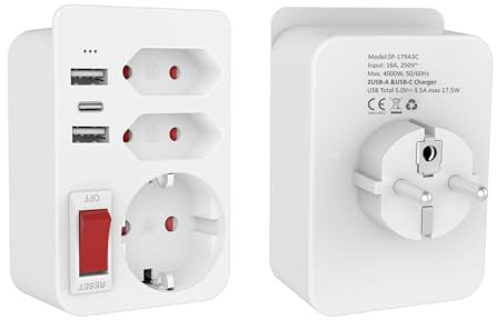 HITRENDS USB Steckdose, Steckdosenadapter 3fach mit Schalter, Steckdosenadapter mit 2 USB(3,5A), 1 USB B(3,5A) und Schuko Stecker, 4000W Adapter mit Kindersicherung für Zuhause und Büro