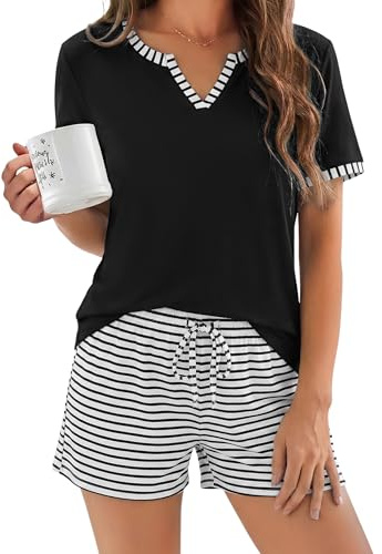 Demegimi Pyjama Femme Été Ensemble 2 Pièces Short et Haut Manche Courte Col V Vêtements de Nuit Coupe Décontractée Tenue de Détente Pyjashort Respirant pour Maison Sommer,Noir,XL