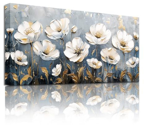 SERIMINO Natürliche Wandbild Blume Leinwand Bilder Wohnzimmer 59x119 cm | Weiße Blüten Wanddeko, Hd Druck, Stabiler Massivholzrahmen, Schnelle Montage, Mehr Größen, Vielseitig Einsetzbar