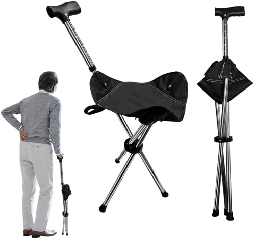 HENYEER Bastón Plegable 2 en 1 con Asiento, Ajustable en Altura en 5 Niveles, Ligero y portátil, de Tres Patas, para Personas Mayores, Hombres y Mujeres