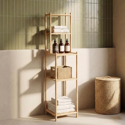 [en.casa] Scaffale da Bagno con 4 Ripiani Aperti Mobile Colonna a Terra in Bambù con Scomparti Vani per Lavanderia Corridoio 128 x 30 x 30 cm - Color Naturale