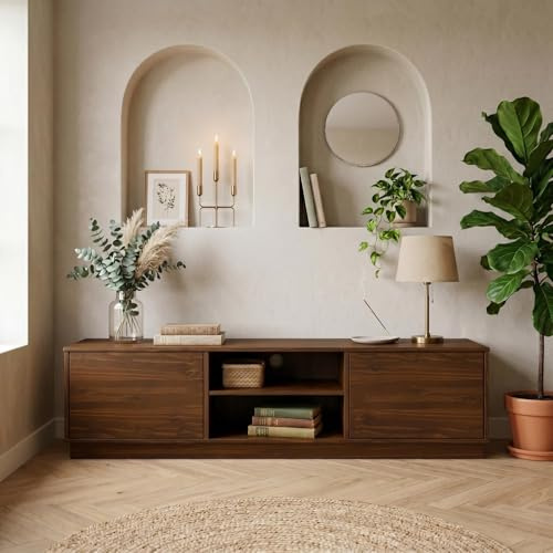 IDIMEX Lowboard Maite 170 cm aus Massivholz, Nussbaum Finish - TV Board mit Kabelauslass, Kommode mit offenen Mittelfach, Wohnzimmermöbel mit Push-to-Open Funktion