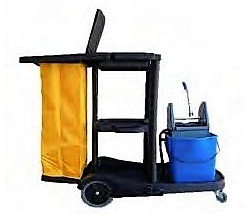 CARRO DE LIMPIEZA NEGRO PVC con bolsa Saco de lona de 70 L con cremallera, bandeja inferior portabolsa y soporte con tapa .Incluye cubo de 25 L con prensa y dos soportes para mopas