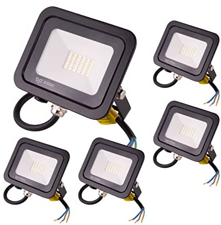 Popp® Floodlight LED Foco Proyector LED para Exterior Negro 20W, luz fría 6000K, Eficiencia Luminosa 85LM/W, Protección contra Sobrevoltajes, Resistente al Agua IP65(20W 6000K 5 unidad)