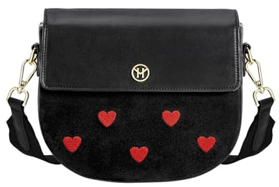 VICTORIA HYDE Damen Umhängetasche Kleine Schulterriemen Crossbody Bag Leder Schwarz Herzmuster Damentasche