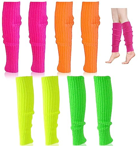 BNGXR Jambières pour Femme, 4 Pièces Style années 80 Mode Jambières Tricotés Stocking Néon Jambière Guêtres Chaussettes Legging Accessoires Chaussettes pour Yoga Gym Course Gymnastique
