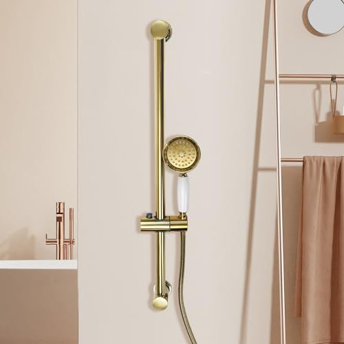 Pommeau de douche avec tuyau et support, ensemble de douche doré rétro avec barre de douche 60 cm, support de douche et flexible de douche 1,5 m, système de douche mural réglable en hauteur