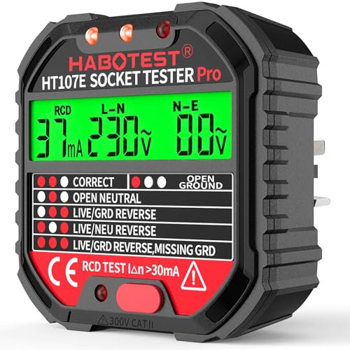 Socket Tester RCD Plug Outlet Tester, Electrical Receptacle Detector with LCD Display, 90-250V Power Socket Automatic Electric Circuit Polarity Voltage Detector Plug Breaker Finder
