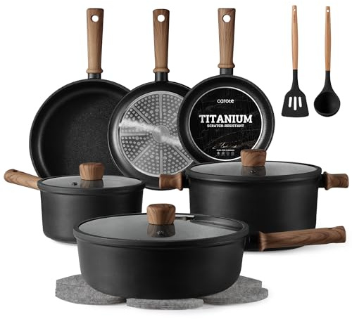 CAROTE Nonstick Pots and Pans, Induction Titanium Cookware Set 16pcs Kitchen Cooking Sets, Pot and Pan Non Stick w/Frying pan (PFOS, PFOA Free)