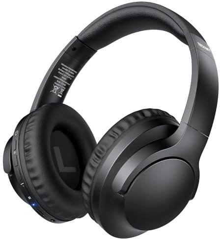 TECKNET Casque Bluetooth supra-auriculaire, sans fil, 70 heures d'autonomie et 5,3 BT, microphone pour appels téléphoniques, stéréo HiFi, mousse à mémoire de forme, pliable, pour voyage/bureau