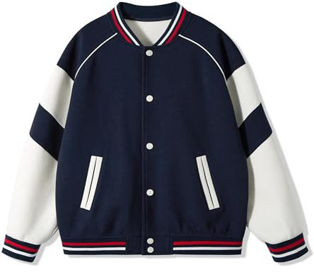 Rolanko Giaccione da Baseball per Ragazze e Ragazzi, Stile Varsity con Taschi Giubbotto da Scuola Giubbotto Bomber per Bambini, Marina, Taglia: 130, 7-8 anni