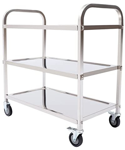 Levkitch Mesa de trabajo de acero inoxidable con ruedas, 3 estantes, carro de cocina, carrito de transporte para restaurante, hotel, escuela, carrito de hogar