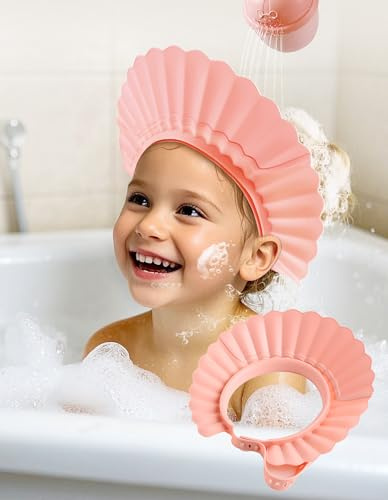 FUSACONY Bonnet de Douche Enfant, Visière Bonnets de Bain Protégez les Yeux et Oreilles Bébé [22 Niveaux Réglables] Anti-Fuite pour Bain et Shampoing - Enfants 6M+/Adultes (Rose)
