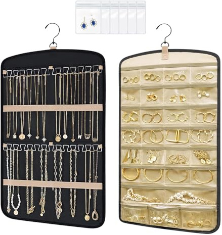 Aucuu Hängande smycken arrangör, hängande smycken garderobsorganisatör, dubbelsidig förvaring för smycken, vägghängande örhängeshållare med 29 fickor och 2 vågformade krokar