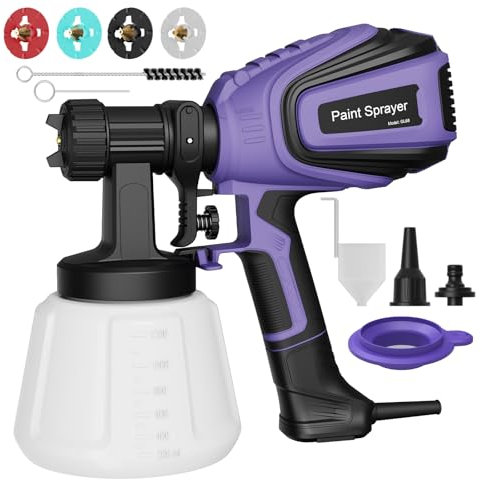 Pistola de Pintura HVLP 700W, Pulverizador Eléctrico con Depósito de 1200ML, 1000ML/Min, con Conectores de Limpieza y Soplado, 4 Boquillas y 3 Modos de Rociado, Flujo Ajustable, Ideal para Hogar, Mueb