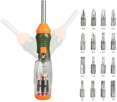16-i-1 multibit spärrskruvmejsel allt-i-ett-skruvmejsel set med platt huvud/Philips/Torx/Hex/Square/Reparationssats, 60 graders svängbar justerbar vinkel magnetisk skruvdragare set (grön)
