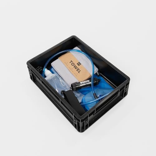 BOXIO – WASH UP: Kompletterande komplett set camping handfat, perfekt tillbehör i eurobox med handduk och vattenfilter komplett set – perfekt för vanlife, festival eller trädgård