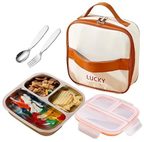 GUDGI stainless steel lunch box for kids with lids & Spoon Fork & Insulated Bag, Leak-Proof 3 Compartment Food Containers, Food-Grade 304 Stainless Steel, Ideal for Home, Travel (Transparent white)