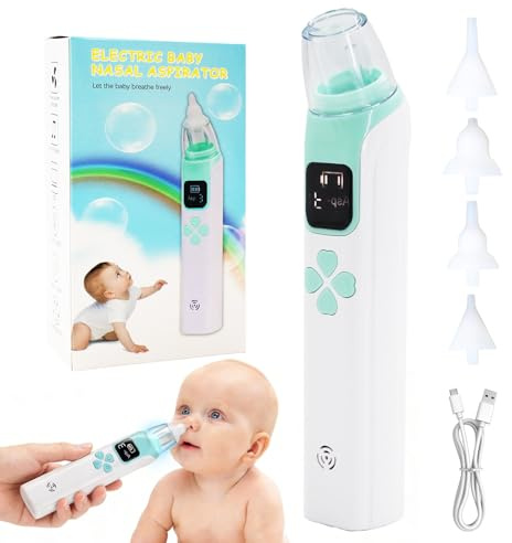 CeyKvo Babynässugare, elektrisk nässugare babydammsugare, 3 sugnivåer, med 4 silikonhuvuden, musik och ljus, lämplig för nyfödda, småbarn, spädbarn