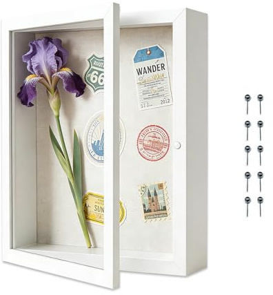 3D Bilderrahmen, 20 x 25 cm Tiefer Bilderrahmen mit Magnetverschluss, Objektrahmen, Shadow Box, Wandmontierter Shadow Box mit Stiften, für Fotos, Andenken, DIY Kunstwerke (Weiß)