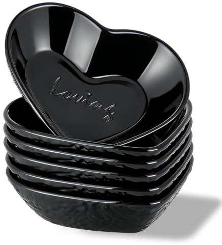 HOMQUEN Dipping Bowls, 90ml Soy Sauce Dish, Pturdy Plastic Small Bowls Set of 6, Black Love Heart Mini Appetizer Plates for Sauce, Soy Sauce, Condiment, Side Dishes, Sushi, Ketchup, BBQ Party