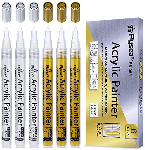 OFUN 0,7 mm silver guld akrylpennor, 6-pack vattentäta akrylfärger markörpennor fin spets för stenar, gör-det-själv fotoalbum, tyg, metall, trä, glas, kort, keramik