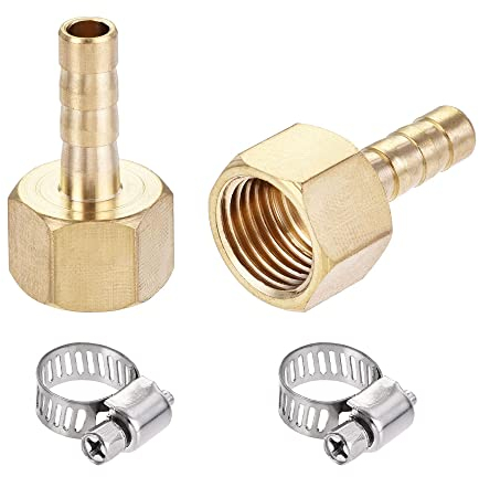 sourcing map Brass Barb Hose Fitting Connector Adapter 6mm Barbed x G1/4 Female Pipe with Hose Clamp 2Set