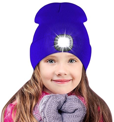 SPGOOD Wiederaufladbare mütze mit LED licht für Kinder, für Jungen und Mädchen, abnehmbare und waschbare warme beleuchtete mütze mit Lampe für den Winter im Freien(Blau)