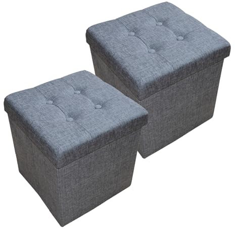 Natsen 2er Set Sitzwuerfel Leinen Sitzhocker Aufbewahrungsbox faltbar belastbar Gray 38 x 38 x 38 cm (B/H/T)
