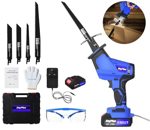 Scie sabre électrique sans fil avec 1 batterie de 1,5 Ah et chargeur, 4 pièces, 1900 tr/min, profondeur de coupe max. 150 mm, pour bois, métal