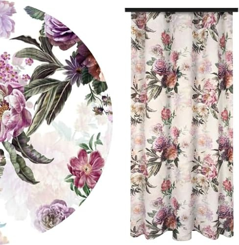 Voppi Vorhang Kräuselband 140 x 240 cm Pflanzenmuster Heller Vorhang mit bunten rosa Blumen Pfingstrose und grünen Blättern Elegante Dekoration für Wohnzimmer Schlafzimmer Wohnzimmer