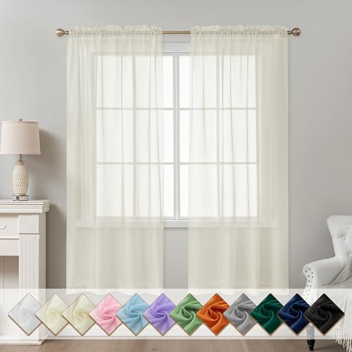ABLUEN Ivory Sheer Curtains 72 Inches Long, Privacy Semi Sheer Curtains for Living Room Bedroom, Light Filtering Rod Pocket Voile Window Drapes 2 Panels Set, Each 42 W x 72 L