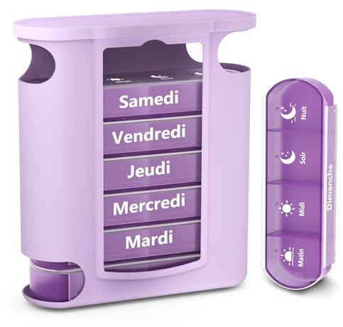 Opret Pilulier Semainier 7 Jours Matin Midi Soir et Nuit 28 Compartiments | Empilables Tour à Médicaments, 7 Jours 4 Fois, Pilulier Voyage, pour Vitamines Suppléments Pilules, Violet