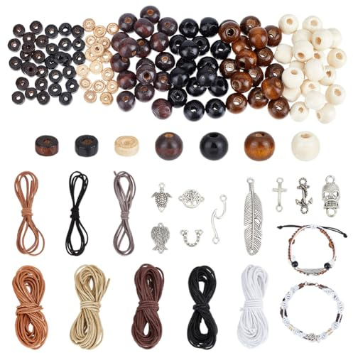 PH PandaHall 158pcs Rosenkranz-Schmuck machen Kit 10mm Holzperlen Kreuz-Anhänger Baum des Lebens Charms Skelett-Feder-Anhänger Meeresschildkröte Link mit 8 Styles Thread für Ostern Armbänder Craft