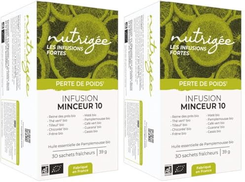NUTRIGÉE - Infusion Minceur 10 Bio - Double Action - Brûle & Draine - Thé Vert, Café Vert, Guarana, Maté, Reine Des Prés, Bouleau, Frêne, Cassis, Chicorée - Concentrés Végétaux Solubles - 30 Sachets