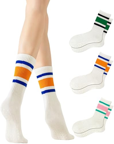 Yawlsow 3/5 Paar Pilates Socken für Damen Yoga Anti-Rutsch Vintage Streifen Rutschfeste Sportsocken für Ballett Barre Tanz Trampolin Krankenhaus Fitness Zuhause