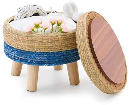 Cpintltr Storage Ottoman Poufs Handwoven Footstool Natural Seagrass Round Footrest Stool with 4 Wood Legs Soft Padded Outdoor Seat for Hallway Lounge Bedroom Garden